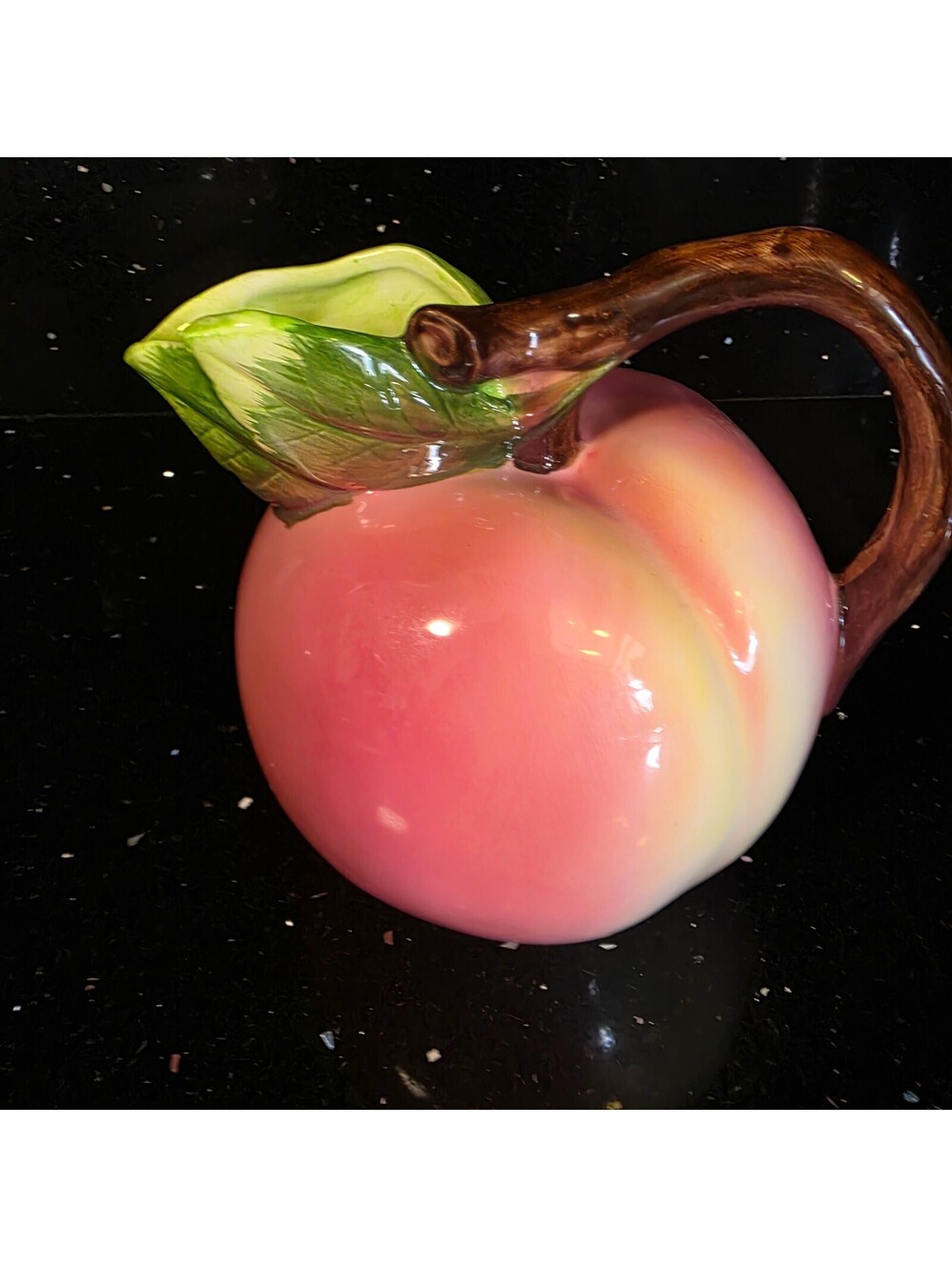 Vintage Pottery Barn Peach Pitcher Vase Pink Green Leaf Handle Ceramic Fruit